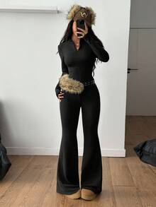 Coolane 女士秋冬街头休闲运动基本款简约针织保暖/寒冷天气/保暖四分之一拉链法式灰色修身长袖高领 T 恤和喇叭裤两件套羊毛服装 - 黑色 - 查看 2