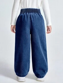 SHEIN Explorewe 女童简约碎花后口袋紧身喇叭牛仔裤 - 深色水洗藍 - 查看 2