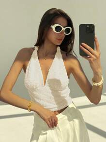 Aloruh New Macaron Knitted Jacquard Textured Fabric Halter Tie-Up Sexy Backless Deep V Neck Camisole - Apricot - View 6