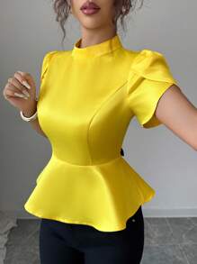 Elenzga 女式夏季露背蝴蝶结花卉装饰短袖时尚衬衫 - 黃色 - 查看 3