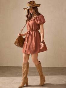 Wildy Women's 100 Percent Cotton Comfortable Casual Brick Red Button Front Short Dress Women's Elegant Jacquard Mini Dress, Summer Red DressWomen Brunch Dress Daisy Dress Women Back To School Night Out/Going Out Back To School Going Out Outfits Teacher Outfits Cream Dress Bubble Skirt - Redwood - View 5