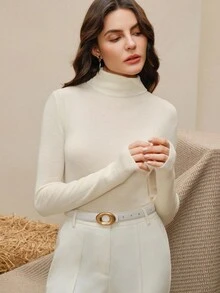 SHEIN X Jwoww Anewsta Women's Elegant Modern Solid Color 100% Wool Turtleneck Sweater - White - View 6