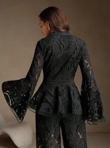 Anewsta 浪漫优雅镂空玫瑰花喇叭袖V领女式夹克 - 黑色 - 查看 5