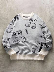 Manfinity CasualKnits 男士休闲熊图案毛衣，秋冬 - 黑與白 - 查看 3