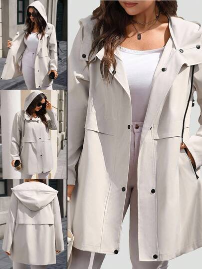EMERY ROSE Plus Size Women's Solid Color Long Sleeve Single-Breasted Casual Hooded Trench Coat, Casual Minimalist Style For Everyday Wear,Going Out, Hooded Long Coat For Women, Women Trench Coat With Hood,Fall Clothes For Women,Spring
