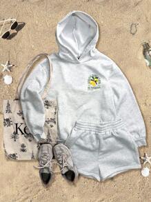 SHEIN Attitoon Bộ 2 áo nỉ lửng in họa tiết quả chanh đơn giản và áo nỉ có mũ trùm đầu, phù hợp cho mùa thu/đông, kỳ nghỉ - Xám - Xem 2