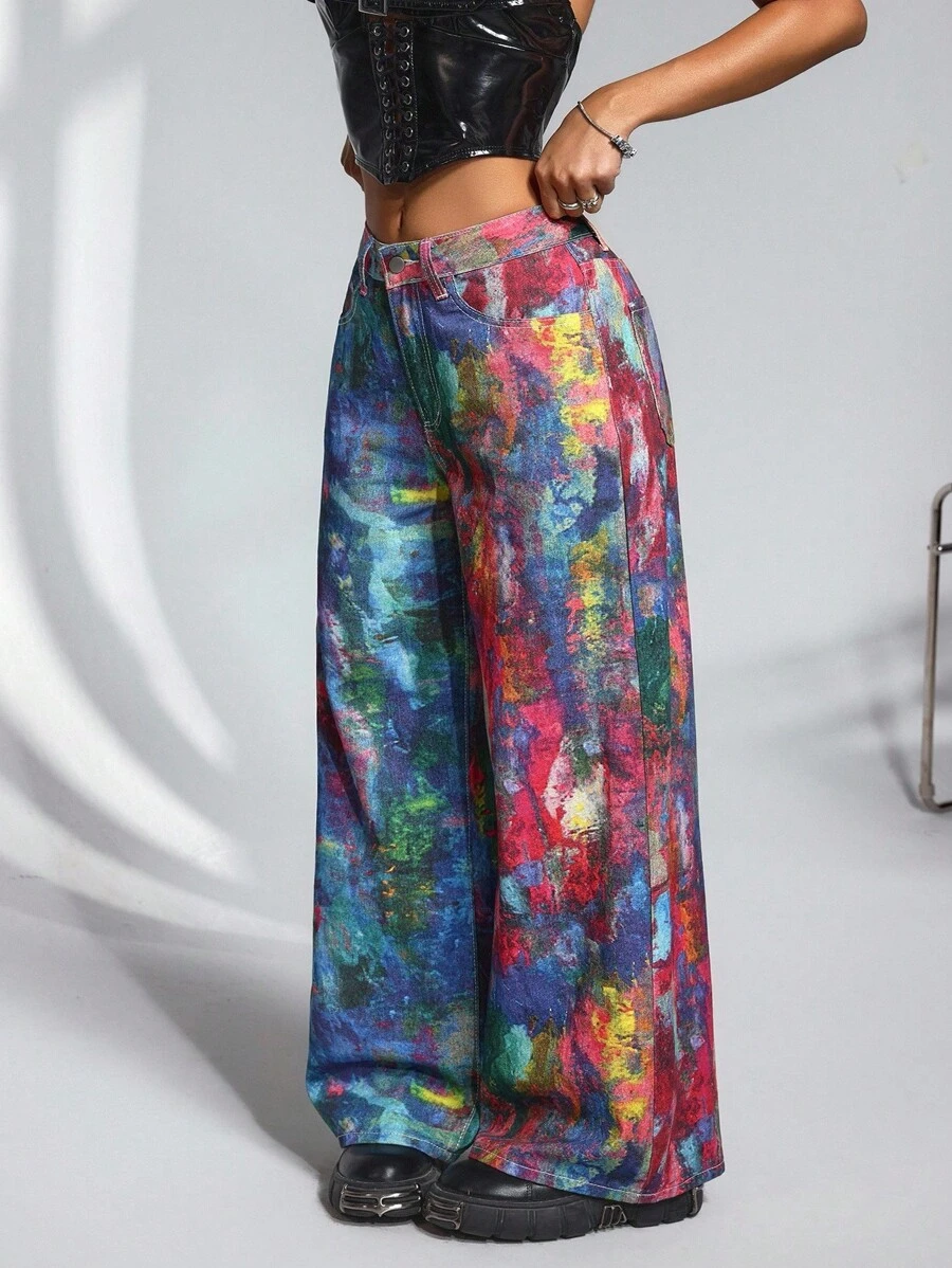 SHEIN CURVE+ Plus Size Colorful Print Casual Denim Jeans - Multicolor - View 1