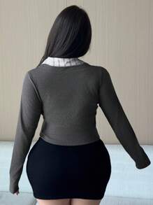 Dazy Plus Color Block Splicing Shirt Collar 2 In 1 Double-Breasted Decor Long Sleeve Business Casual Commuter Long Sleeve Plus Size Women T-Shirt Fall Tops - Dark Grey - View 8