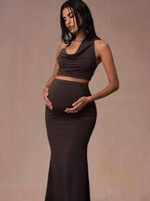 MaterniChic 孕妇性感露背吊带上衣和裙子两件套，夏季 - 咖啡棕 - 查看 4