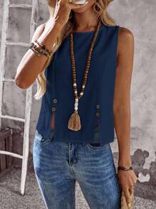 EMERY ROSE 女士休闲纯色开衩无袖衬衫 女士无袖上衣 海军蓝背心 女士无袖上衣 女士棉质背心 女士夏季上衣 深蓝色背心 - 藏蓝色 - 查看 5