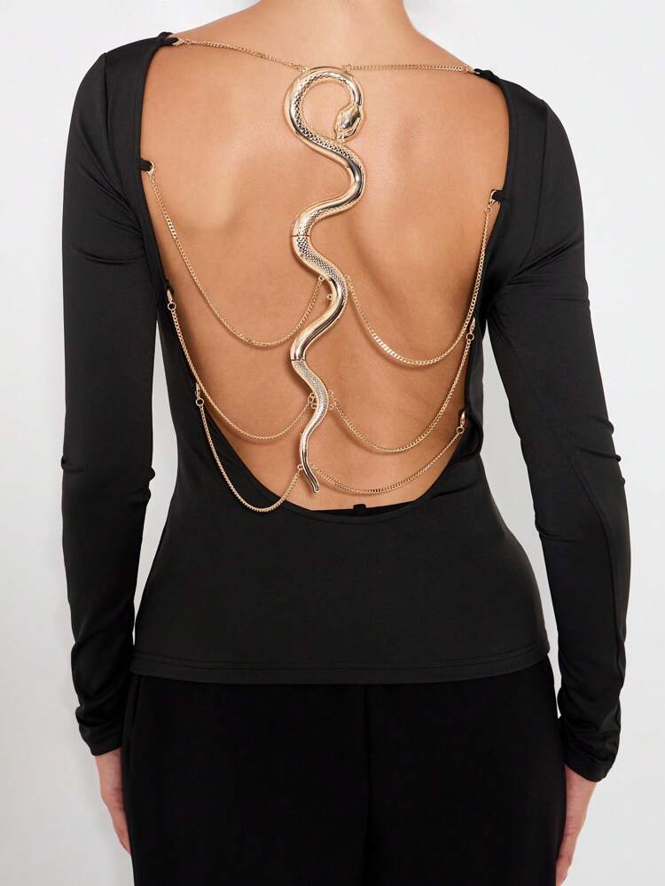 KIZN Long Sleeve Backless Top With Snake Chain Detail