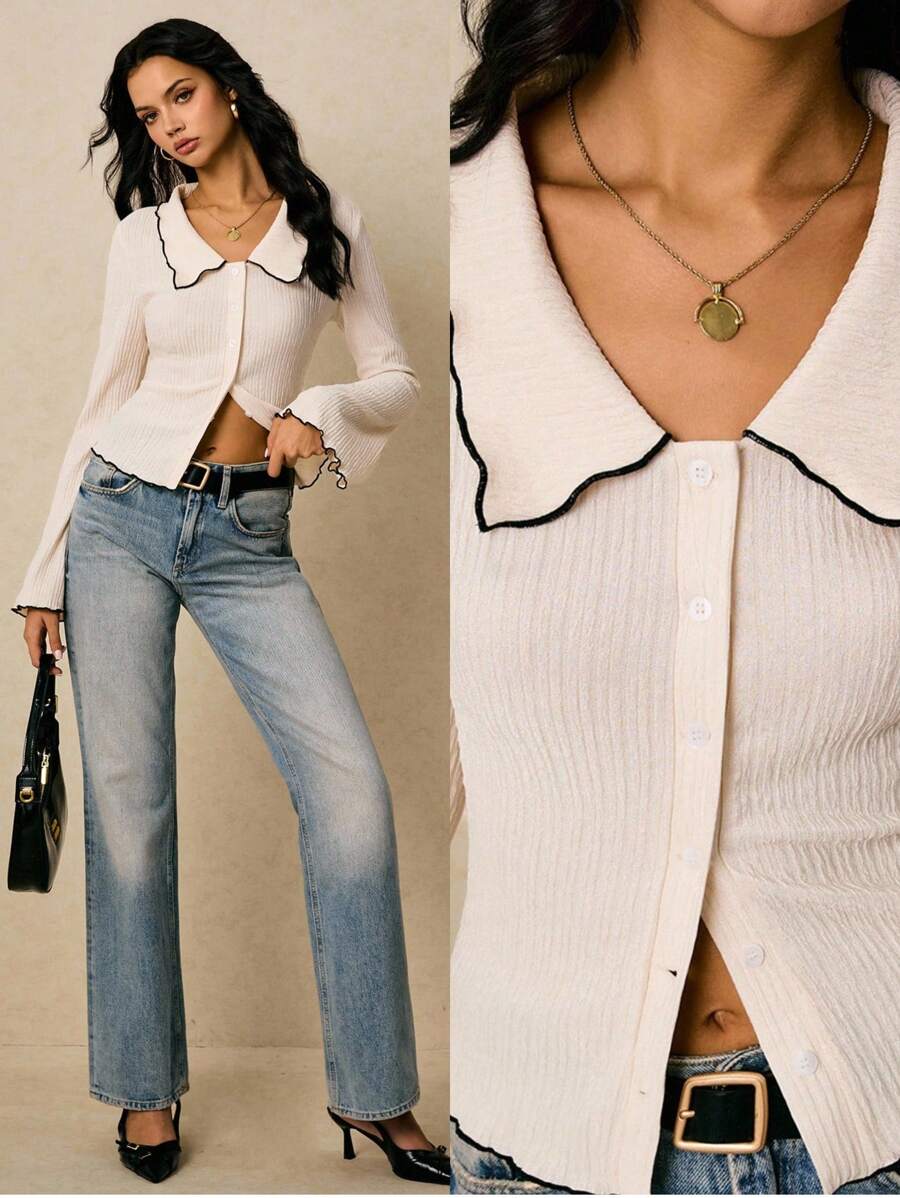 Poéselle Áo khoác cardigan trắng, Trang phục mùa thu nữ, Áo cardigan dệt kim gân cổ bèo viền tương phản | Áo kiểu tay dài vạt bèo cho nữ, Áo viền răng cưa, Áo kiểu dệt kim gân, Áo len vạt bèo, Phong cách cô gái Pháp, Áo cardigan ngắn tay loe cài nút phía trước viền màu tương phản phong cách thường ngày cho nữ, Trang phục mùa thu nữ - Màu be - Xem 1