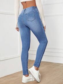 SHEIN ICON Plus Size Women Skinny High Waist Personalized Fashion Cropped Jeans Spring - Blue - View 2