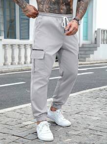 Manfinity Homme 男士成熟街头弹力腰带工装裤男士工装裤灰色工装裤男士男士裤子休闲工装慢跑裤男士灰色慢跑裤，秋季 - 淺灰色 - 查看 4