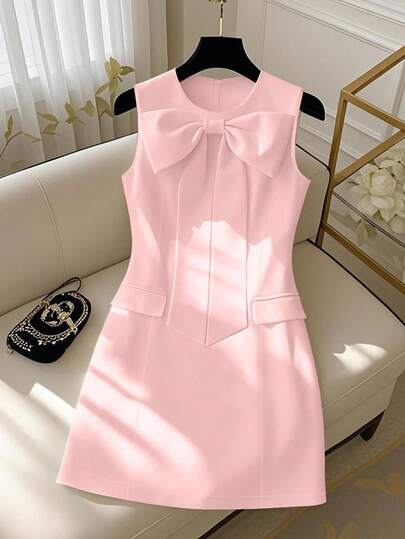 GlowEve Women's White Round Neck Waist Tie Bow Sleeveless Elegant Mini Dress