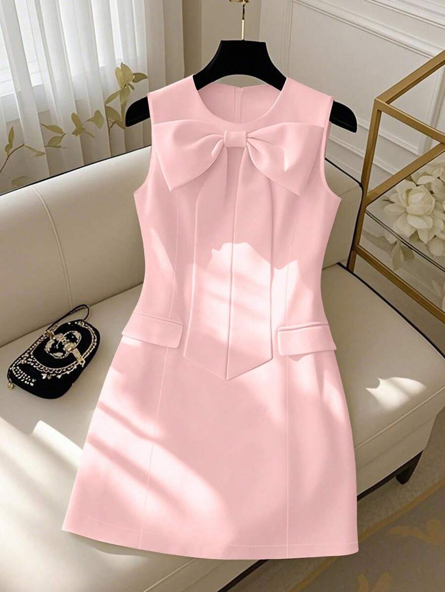 GlowEve 女式白色圆领腰带蝴蝶结无袖优雅迷你连衣裙 - 粉色 - 查看 1