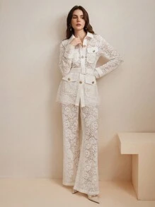 Anewsta Bộ quần áo blazer dài tay và váy ren khoét sâu thanh lịch dành cho nữ, Xuân/Hè - trắng - Xem 4