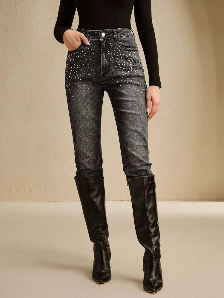 Fashionable Rhinestone Embellished Women's Black Skinny Pants