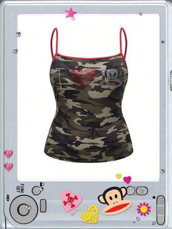 Paul Frank X ROMWE Plus Size Camouflage LOVE Rhinestone Decor Camisole Top