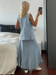 Livesso 女式无袖上衣和宽松牛仔裙套装，夏季 - 藍色 - 查看 4