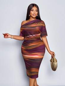 SOLERSUN 大码女装派对情人节舞会法国白色波点图案露肩短袖针织包臀老款跨年性感休闲女中长连衣裙超长款淑女浪漫情人节约会春夏新款优雅通勤商务狂欢/嘉年华 - 紫色 - 查看 1