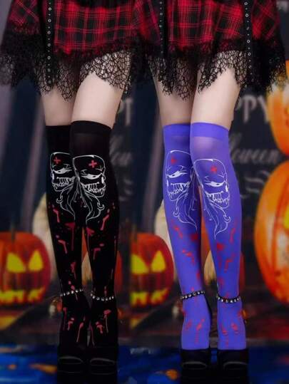 Grunge Punk 2 Pairs Halloween Ghost Head Combination High Elasticity Thigh High Socks For Women