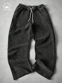 Manfinity EMRG Men's Street-Style Popular INS Matching Washed Distressed Texture Square Pattern Casual Loose Sweatpants, Boyfriend/Husband Gift, Anniversary Gift , Sweatpants For Men Great Quality , Men Cotton Sweatpants , Men Sweat Pants Drawstring , Men Waffle Knit Pants - Black - View 1