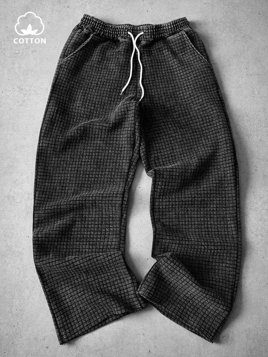 Manfinity EMRG Men's Street-Style Popular INS Matching Washed Distressed Texture Square Pattern Casual Loose Sweatpants, Boyfriend/Husband Gift, Anniversary Gift , Sweatpants For Men Great Quality , Men Cotton Sweatpants , Men Sweat Pants Drawstring , Men Waffle Knit Pants - Black - View 1