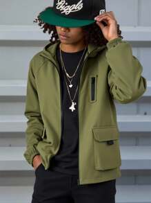 SHEIN Chaqueta con capucha informal y versátil de ajuste suelto con bolsillos utilitarios para niños preadolescentes, adecuada para ir al trabajo, la escuela, el uso diario casual, los deportes, primavera, verano, otoño e invierno - Verde militar - Ver 8