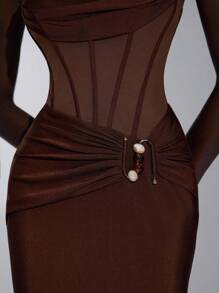 Elitara Elegant And Luxurious Coffee Color Strapless Plunging Neckline Waist Mesh See-Through Boned Waist Beaded Decorated Dress, Suitable For Date, Vacation, Birthday Party, Ball, Graduation, Homecoming, Bridesmaid, Formal Evening Gown, Brown Dress - Coffee Brown - View 3