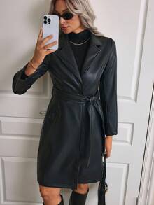 EMERY ROSE Lapel Collar Belted PU Trench Coat - Black - View 1
