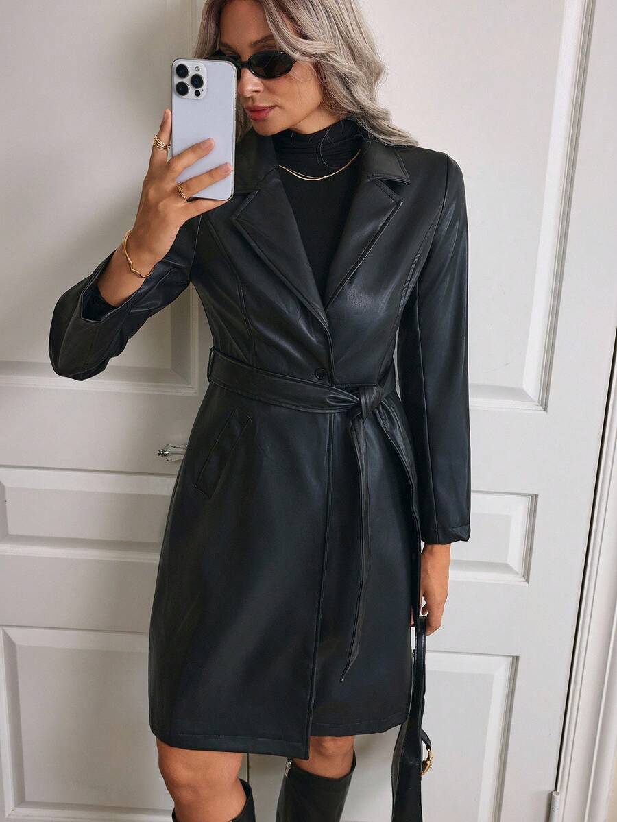 EMERY ROSE Lapel Collar Belted PU Trench Coat - Black - View 1