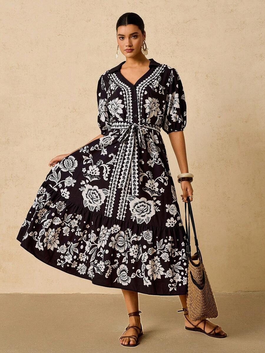 SHEIN VCAY Plus Size Women's Black & White Floral Print Mid-Sleeve Maxi Dress,Boho Elegant Summer Vacation Holiday V-Neck Shirt Collar Waist Cinched A-Line Midi - Black and White - View 1