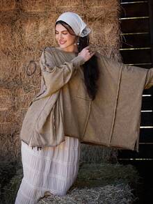 Freevana 大码女式圆领蝙蝠袖宽松口袋休闲T恤波西米亚风女装西部乡村度假上衣秋季服装棉质上衣女式大码运动衫 - 卡其色 - 查看 1