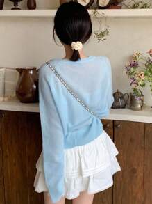 DAZY Henley Neck Lightweight Basic Long Sleeve Knit Sweater Top Fall - Blue - View 2
