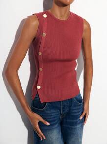 Maija 女士红色无袖休闲针织上衣，纽扣设计，圆领，性感时尚，通勤和日常穿着舒适。 - 紅色 - 查看 1