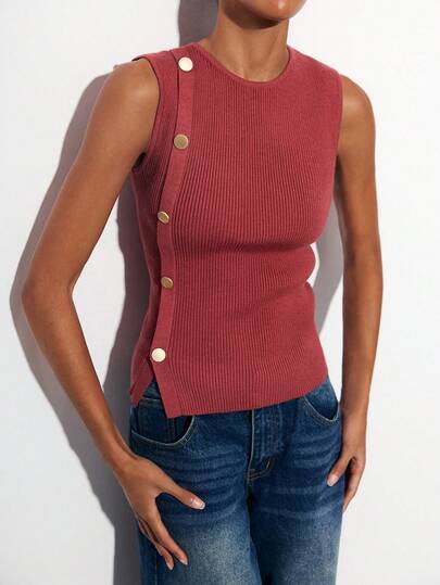 Maija 女士红色无袖休闲针织上衣，纽扣设计，圆领，性感时尚，通勤和日常穿着舒适。