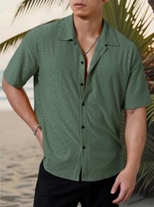 Manfinity Homme Men's Vacation Casual Style, INS Matched With A Knitted Black And White Geometric Striped Crochet Textured Jacquard Loose Short-Sleeve Shirt. Featuring A Button Placket, This Shirt Embodies French Elegance And Romance, Making It Perfect For Hawaiian Beach Vacations, As Well As Music Festivals And Everyday Wear. It Also Serves As An Ideal Gift For Boyfriends Or Husbands. Men's Striped Short Sleeve Single-Breasted Casual Commuter Shirt, Cool Shirts For Men, Nice Shirts For Men, Men's Fashion Shirts