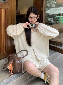 DAZY Conjunto de 2 piezas de camisa con capucha y shorts casuales de estilo japonés para mujer - Albaricoque - Ver 4