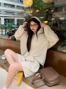 DAZY Conjunto de 2 piezas de camisa con capucha y shorts casuales de estilo japonés para mujer - Albaricoque - Ver 8