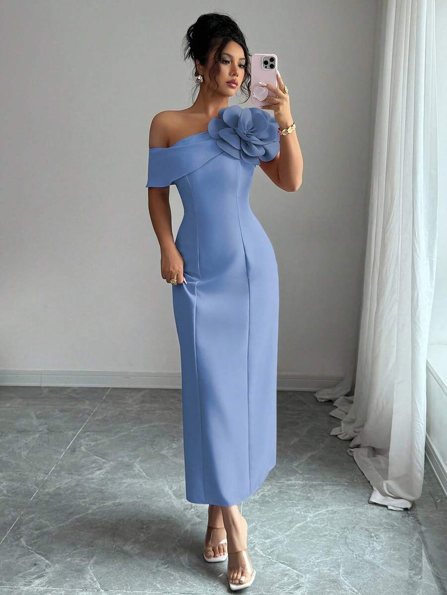 Modelyn Women's Oblique Shoulder Floral Decor French Elegant Party Dress - Blue - View 1