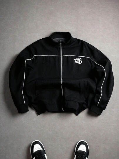 PAVTROS Manfinity Streetrush 男式休闲撞色字母印花户外风衣夹克，黑色街头风拉链户外风衣夹克，秋季，垃圾摇滚