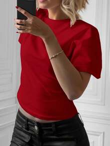 Áo thun nữ tay ngắn cổ tròn cánh dơi màu trơn dáng ôm thoải mái - Đỏ - Xem 4