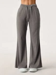 SHEIN PETITE 女士休闲纯色抽绳腰喇叭裤 - 灰色 - 查看 1