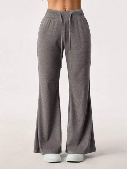 SHEIN PETITE 女士休闲纯色抽绳腰喇叭裤