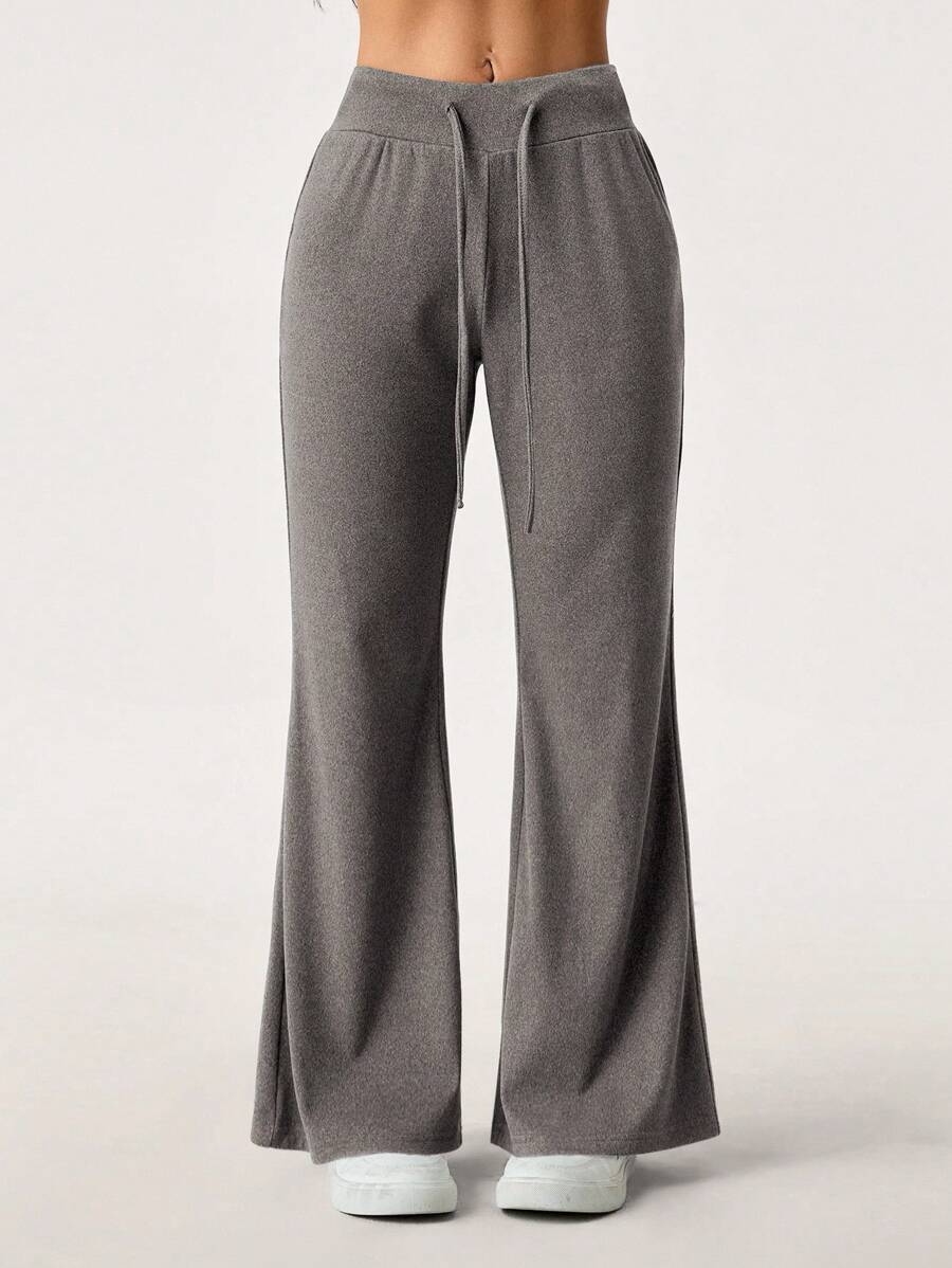 SHEIN PETITE 女士休闲纯色抽绳腰喇叭裤 - 灰色 - 查看 1