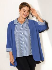 Momelise 大码条纹拼布长袖开衫，纽扣长袖二合一衬衫上衣，秋冬