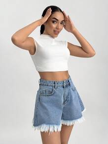 SHEIN Cottnline سروال جينز قصير ونطاق ساقه عريض مع جيوب وهامش مبتر للنساء - أزرق متوسط - مشاهدة 4