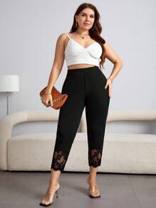 Firerie Plus High Waist Lace Panel Trousers - Black - View 5