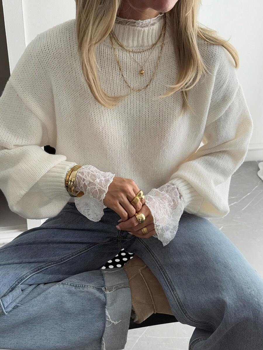 DAZY New Autumn Loose Casual Lace Patchwork Women Sweater